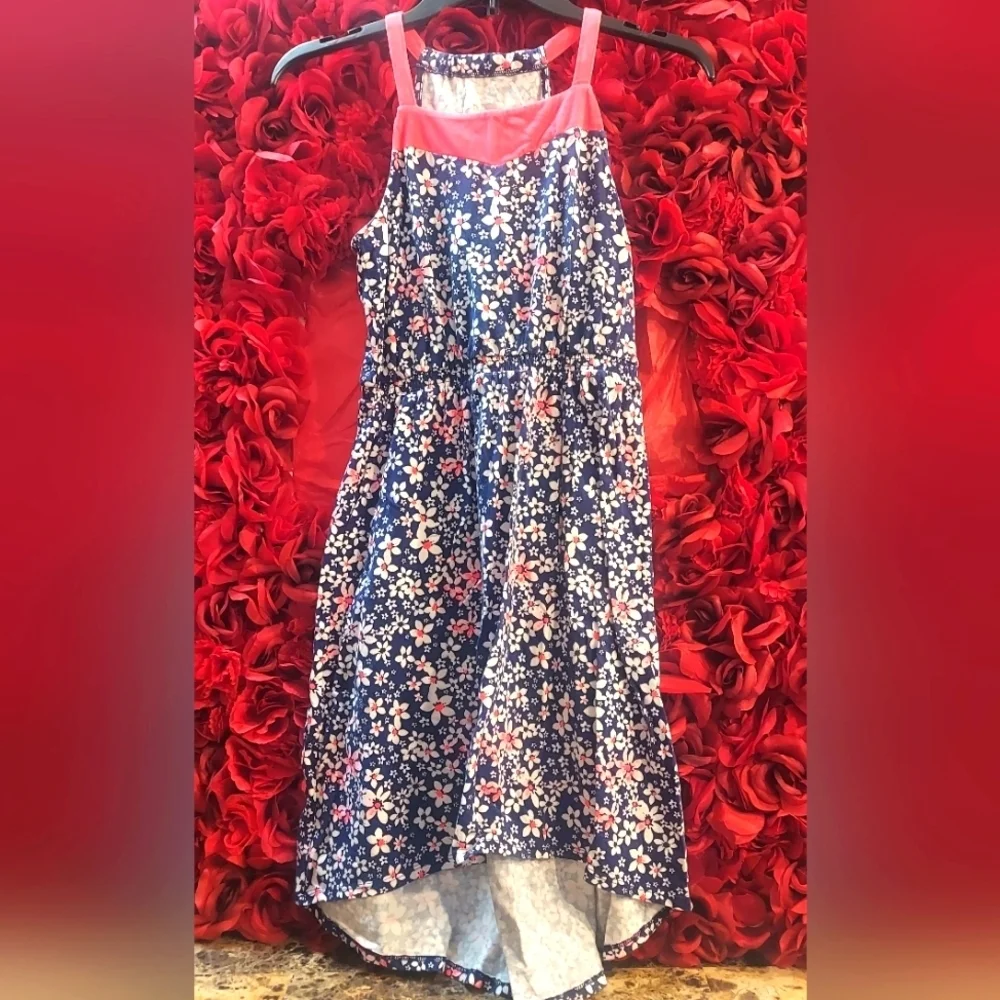 SO Girls Hi Lo Maxi Dress Tank Straps Racerback Style Navy/ White Flowers